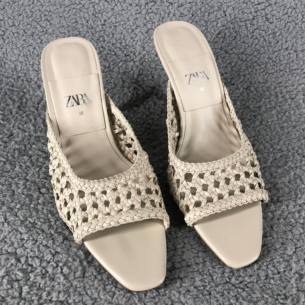 Zara Women's 38/ 7.5 Braided Woven Heels Cream Kitten Heel Slip On Career Casual